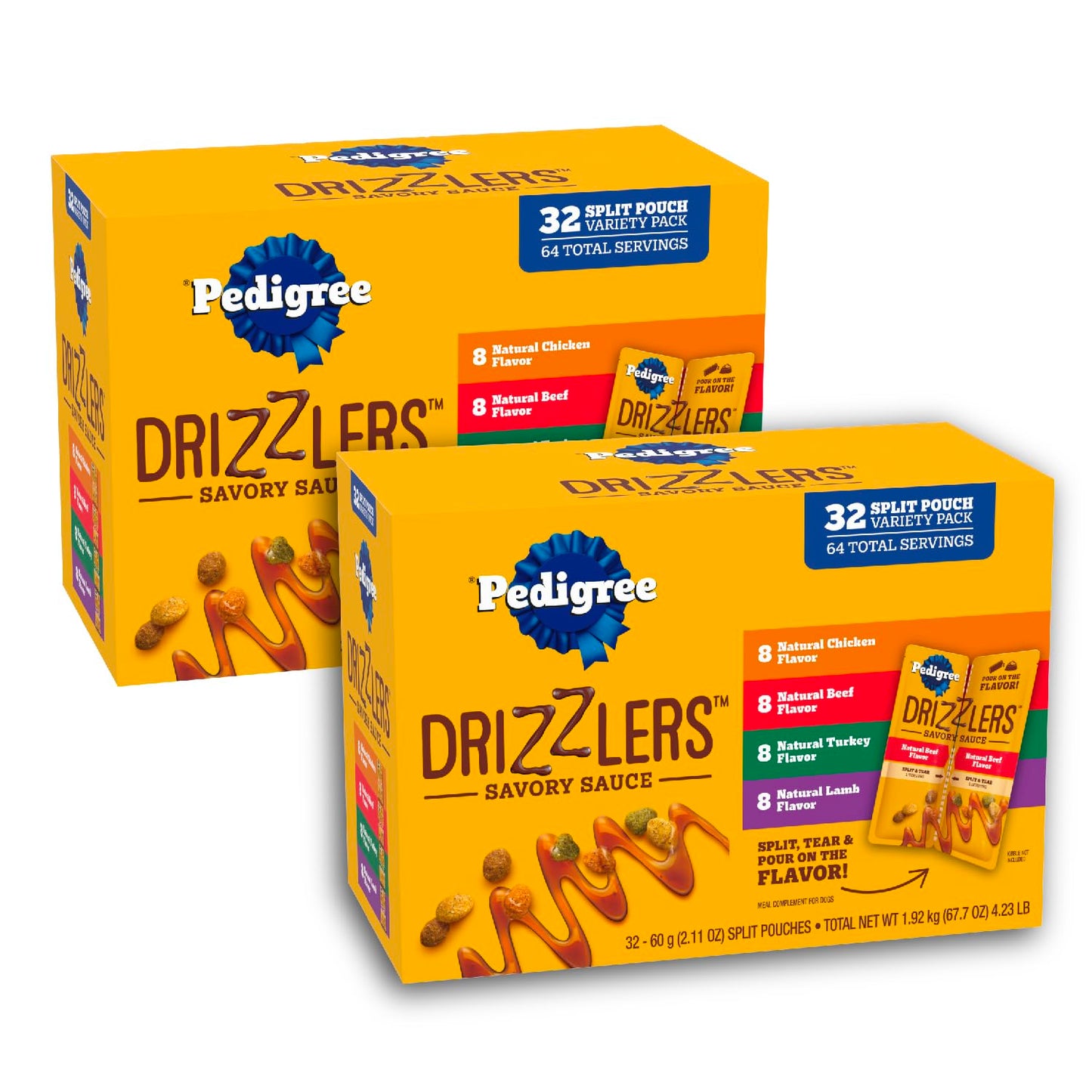 Pedigree Drizzlers for Dogs, Wet Dog Food Gravy Savory Sauce Multipack, 60g Dual-Serving Pouch, 16 Count, Pack of 2 (32 Pouches, 64 Servings Total)