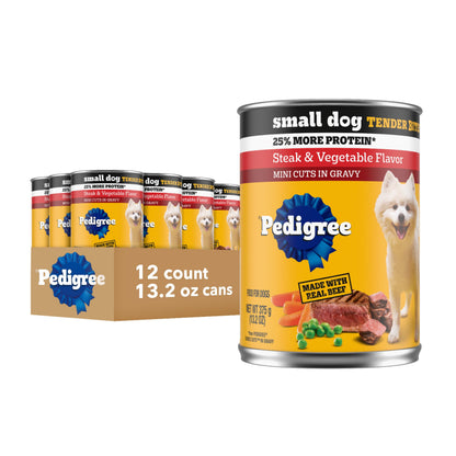 Pedigree Small Dog Tender Bites in Gravy Wet Dog Food Cans, Steak & Vegetable Flavor, 13.2 oz. Cans, 12 Count