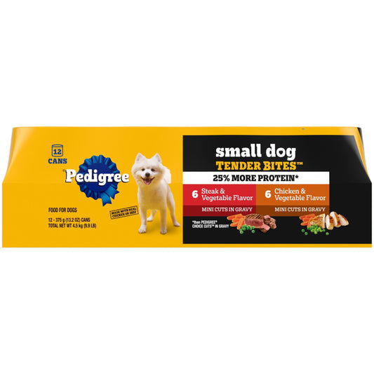 Pedigree Small Dog Tender Bites in Gravy Wet Dog Food Cans, Steak & Vegetable Flavor, 13.2 oz. Cans, 12 Count