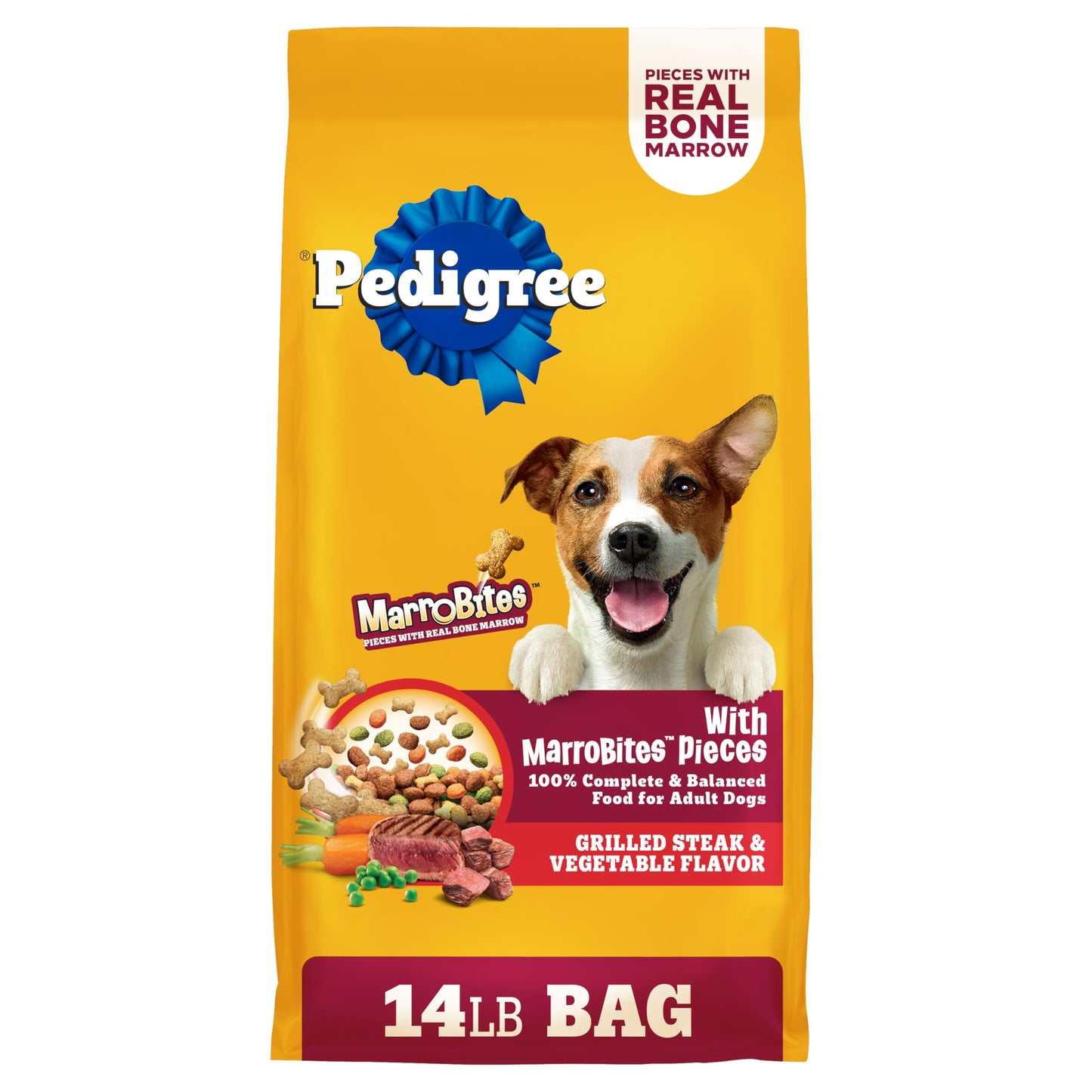 Pedigree Dry Dog Food with MarroBites Pieces, Grilled Steak & Vegetable Flavor for Adult Dogs, 14 lb. Bag