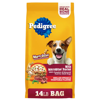 Pedigree Dry Dog Food with MarroBites Pieces, Grilled Steak & Vegetable Flavor for Adult Dogs, 14 lb. Bag