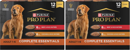 Purina Pro Plan Complete Essentials Wet Dog Food Chicken and Rice Entree and Beef and Rice Entree Variety Pack - (Pack of 12) 13 oz. Cans