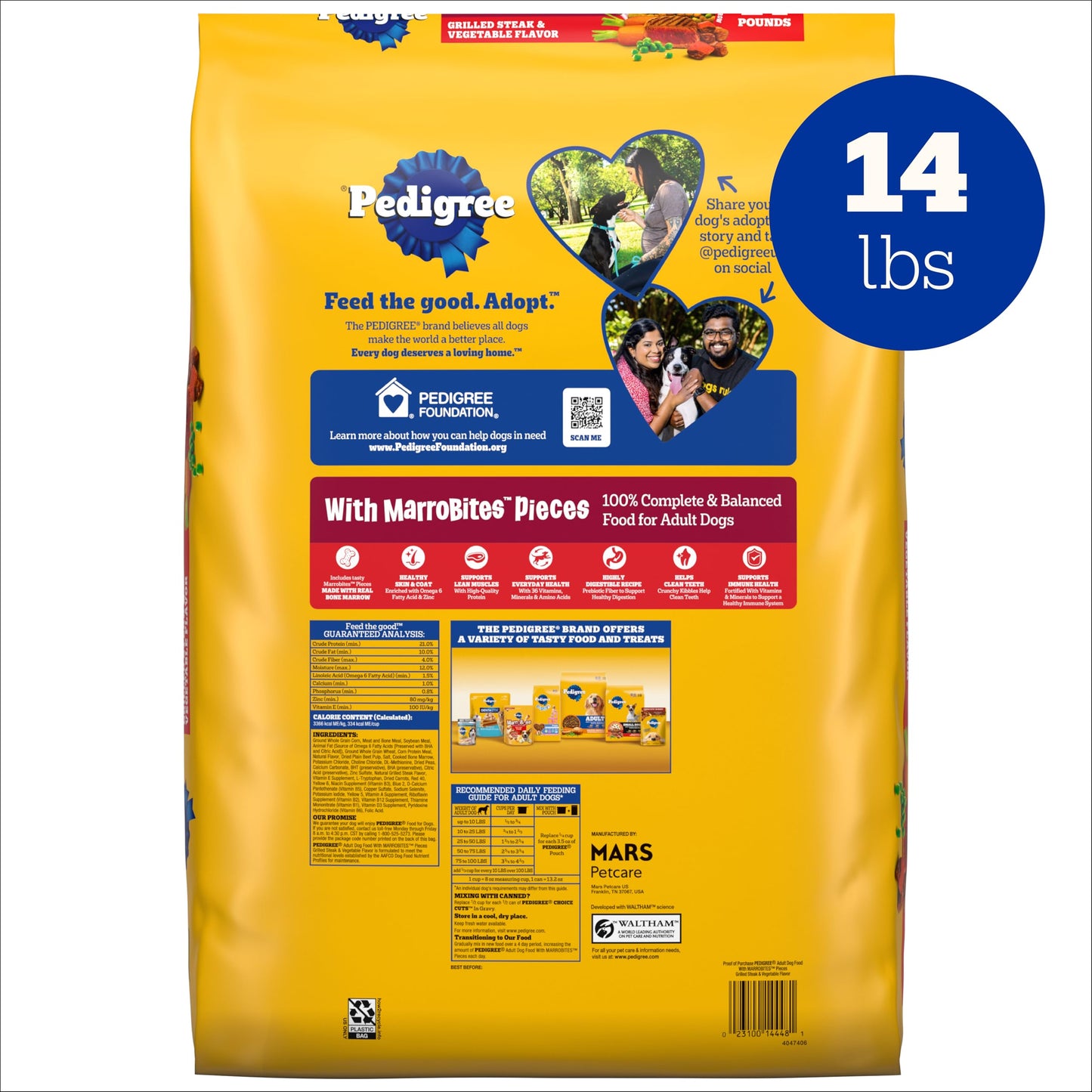 Pedigree Dry Dog Food with MarroBites Pieces, Grilled Steak & Vegetable Flavor for Adult Dogs, 14 lb. Bag