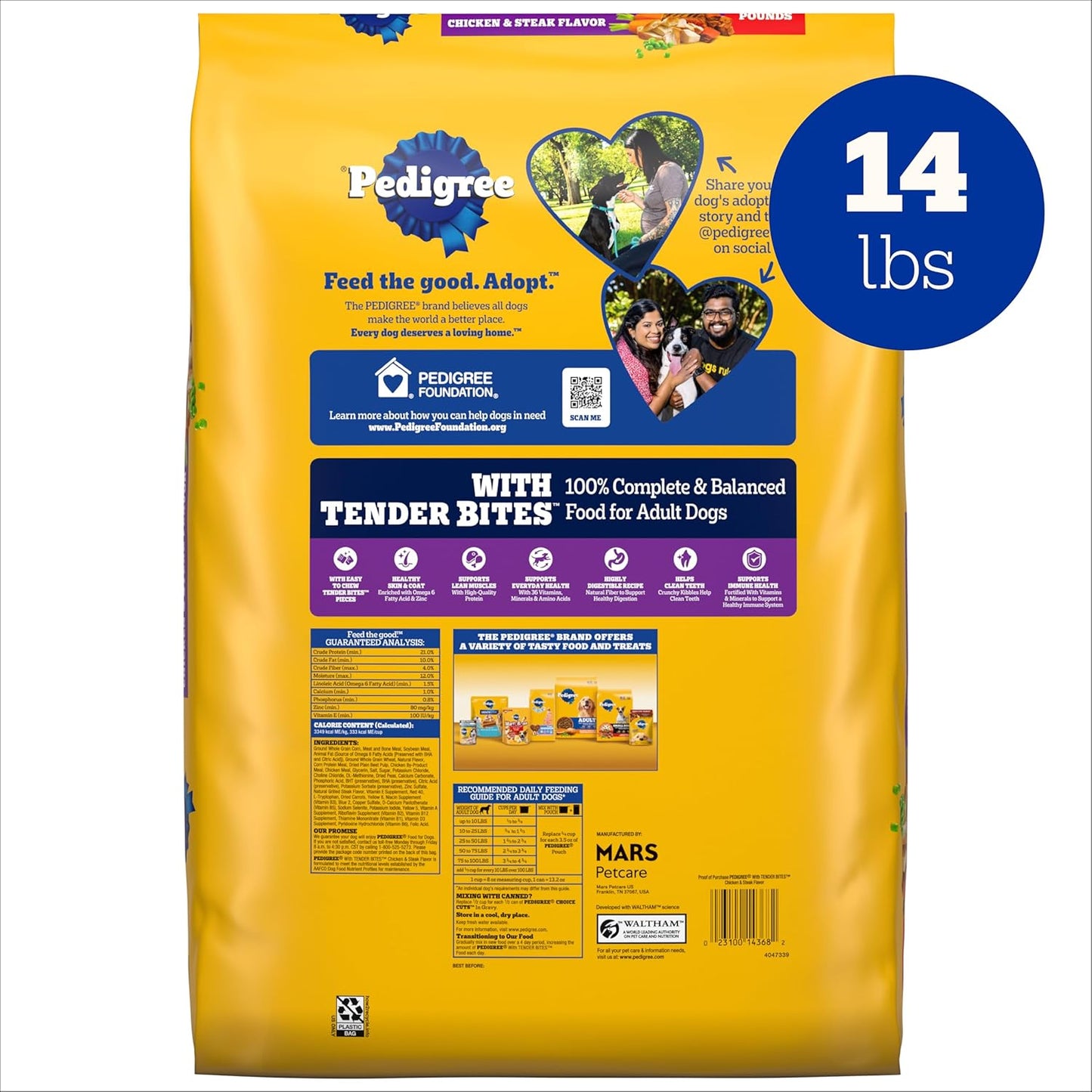 Pedigree Dry Dog Food Tender Bites, Adult Chicken and Steak Flavor, 14 lb. Bag