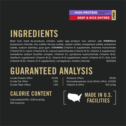 Purina Pro Plan Sport High Protein Wet Puppy Food Beef and Rice Entree and Chicken and Rice Entree Variety Pack - (Pack of 12) 13 oz. Cans