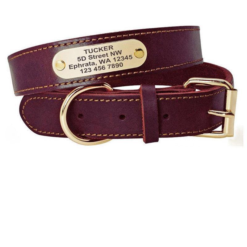 Custom Engraved Leather Dog Collar With Golden Nameplate - Personalized Identification For Medium To Large Dogs